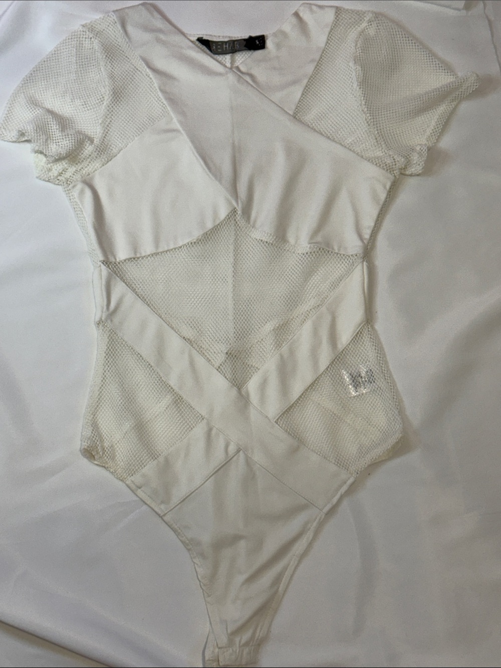 White Mesh-Panel Short Sleeve Bodysuit - Women
